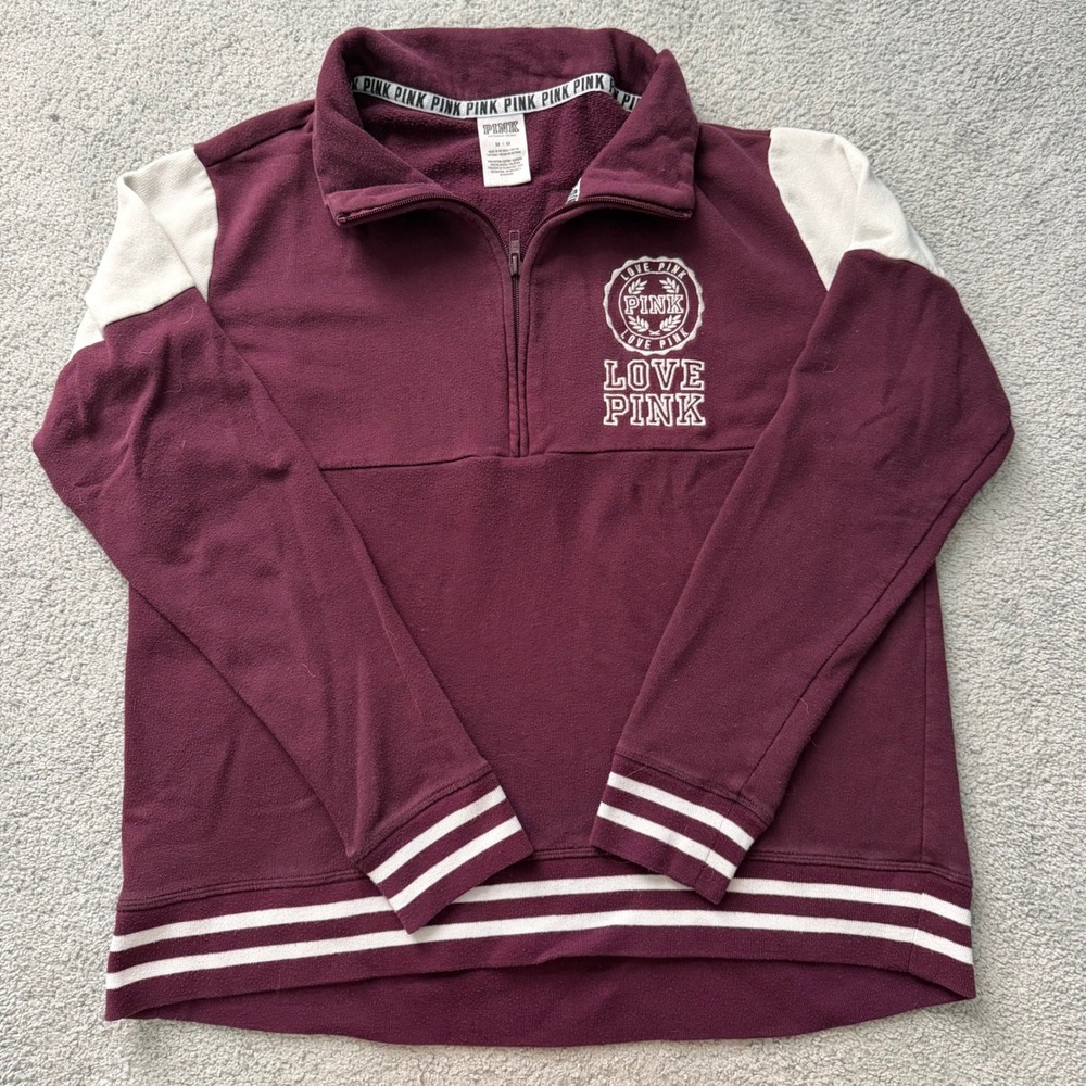 Victoria's Secret PINK Burgundy / White Varsity Style Quarter Zip Sweatshirt,